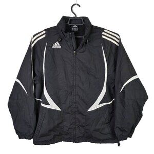 Mens Adidas Black Windbreaker Jacket White Stripes Hidden Hood Polyester Size M
